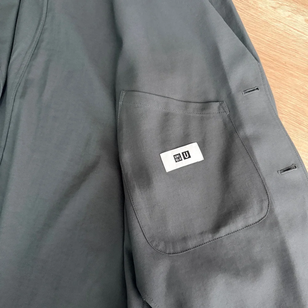 Uniqlo U Blazer Mens L Dark Gray Polyester Linen Blend 3 Button Unstructured